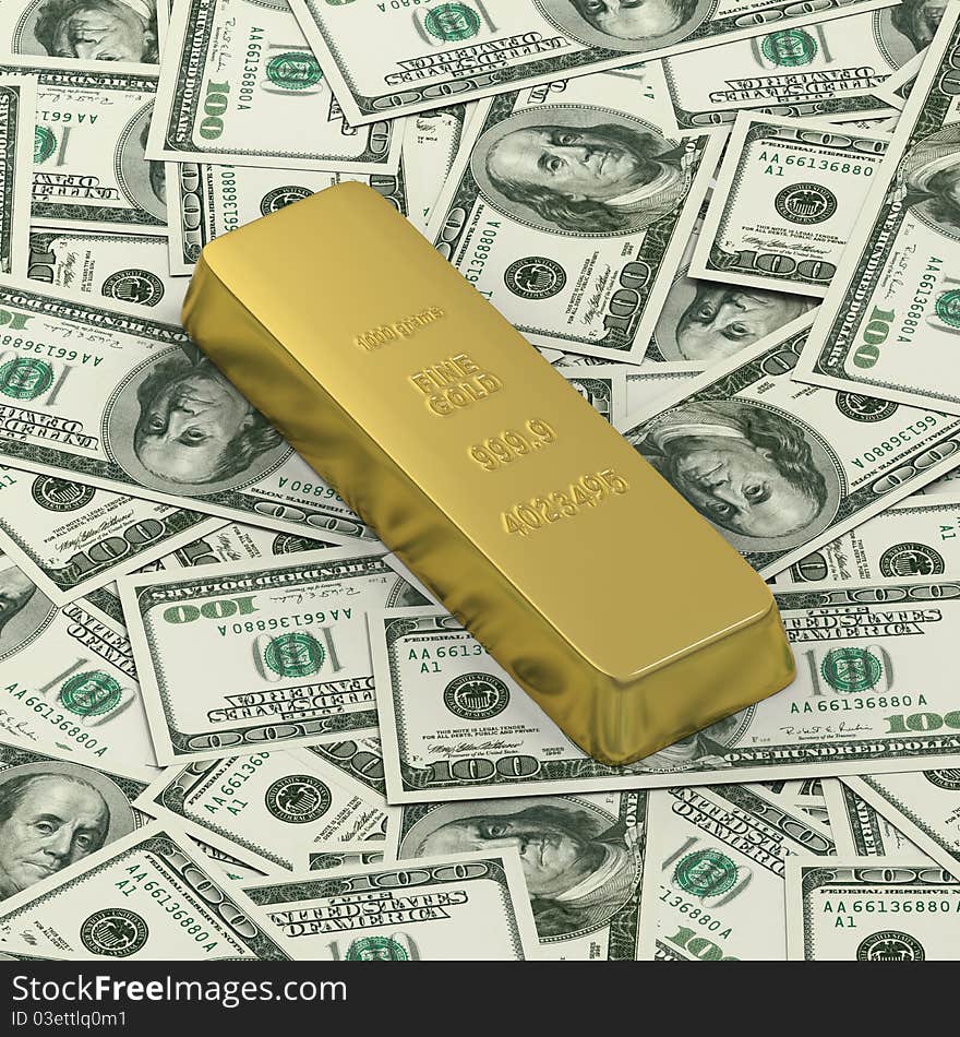 1000 grams or kilo golden bar or ingot on background of hundred dollar banknotes. 1000 grams or kilo golden bar or ingot on background of hundred dollar banknotes