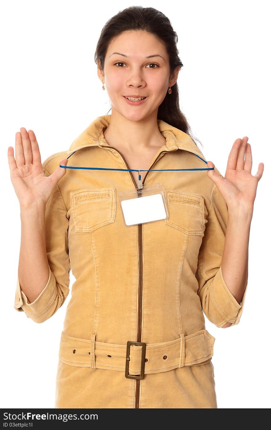 Woman showing her badge at the entrance of meeting room. Woman showing her badge at the entrance of meeting room