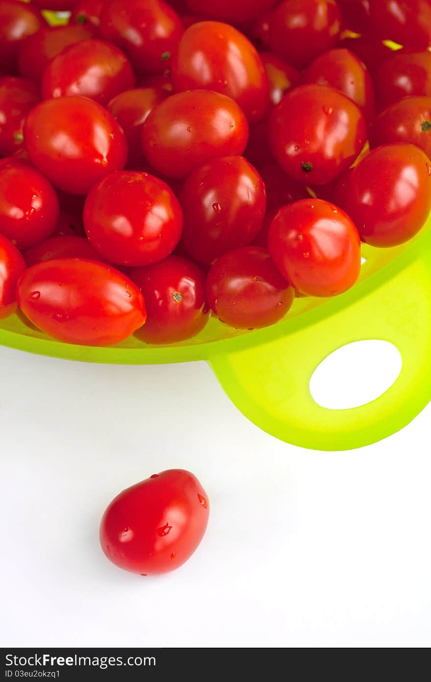 Red Tomatoes In The  Green Colander.