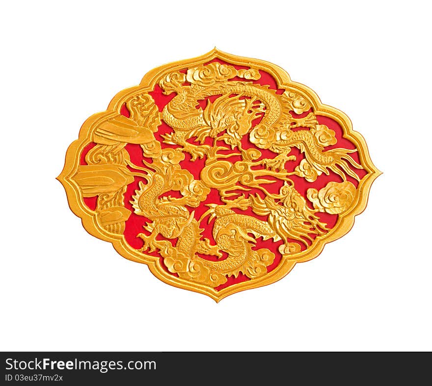 Golden dragon decorated on red wood in chinese temple,Isolate on white background