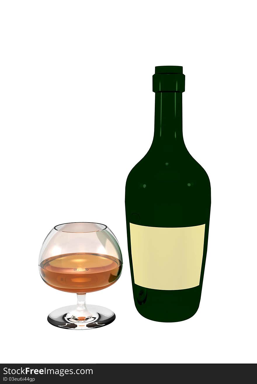 Isolated, empty  label, cognac green bottle with half filled glass