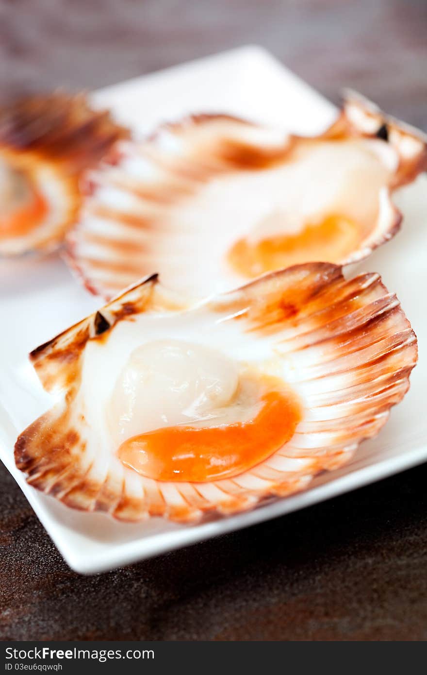 Fresh scallops in shells.  Soft focus.