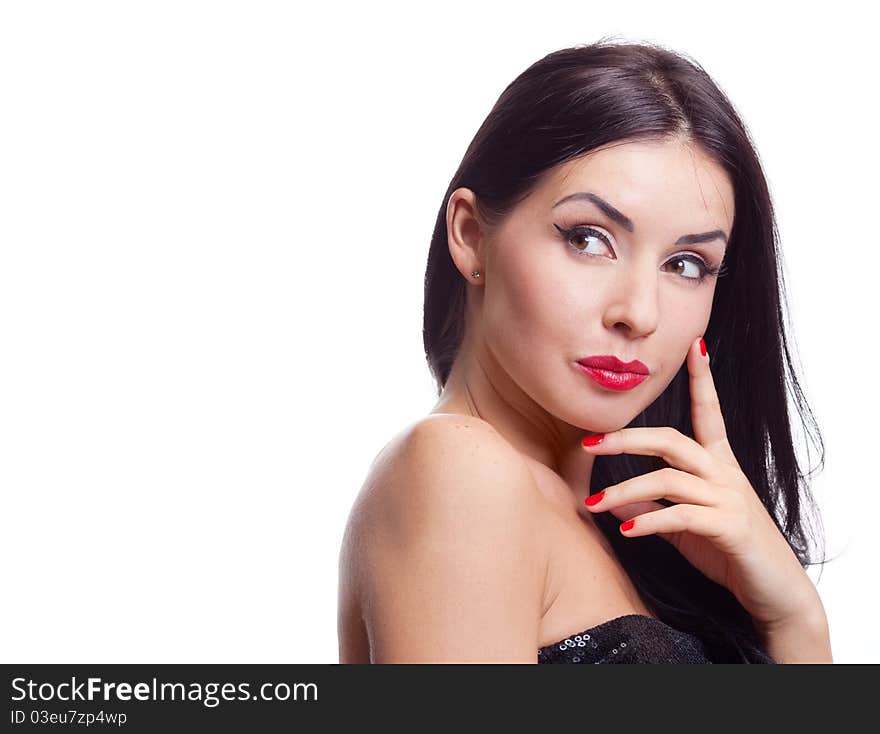 Portrait of a beautiful young thoughtful woman, isolated against white background