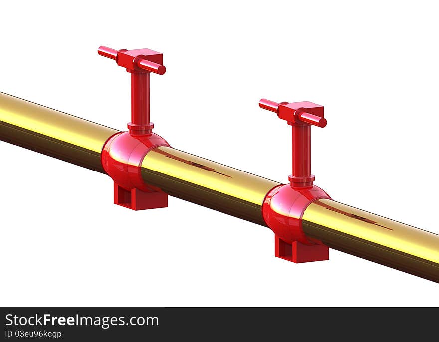 Two red oil and gas valve with a golden trumpet on a white background