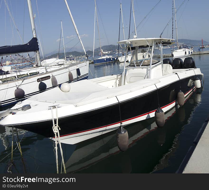 Beauty motor boat moored in the port of la spezia