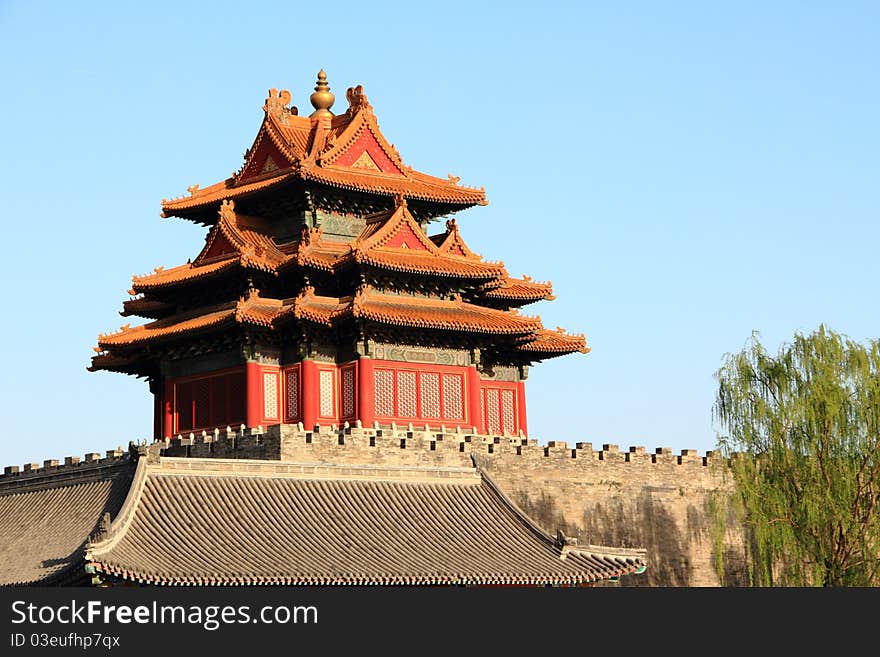 Corner towers of the Forbidden City were established in 1420, rebuilt in the Qing Dynasty (1644-1911). As one part of the Forbidden City, they served as the defense facility just as the lofty walls, the gate towers and the moat. The corner towers rest on the base with Buddist-style building surrounded with stone columns. photo take on: Apr 18, 2011. Corner towers of the Forbidden City were established in 1420, rebuilt in the Qing Dynasty (1644-1911). As one part of the Forbidden City, they served as the defense facility just as the lofty walls, the gate towers and the moat. The corner towers rest on the base with Buddist-style building surrounded with stone columns. photo take on: Apr 18, 2011