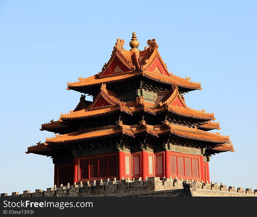 Corner towers of the Forbidden City were established in 1420, rebuilt in the Qing Dynasty (1644-1911). As one part of the Forbidden City, they served as the defense facility just as the lofty walls, the gate towers and the moat. The corner towers rest on the base with Buddist-style building surrounded with stone columns. photo take on: Apr 18, 2011. Corner towers of the Forbidden City were established in 1420, rebuilt in the Qing Dynasty (1644-1911). As one part of the Forbidden City, they served as the defense facility just as the lofty walls, the gate towers and the moat. The corner towers rest on the base with Buddist-style building surrounded with stone columns. photo take on: Apr 18, 2011