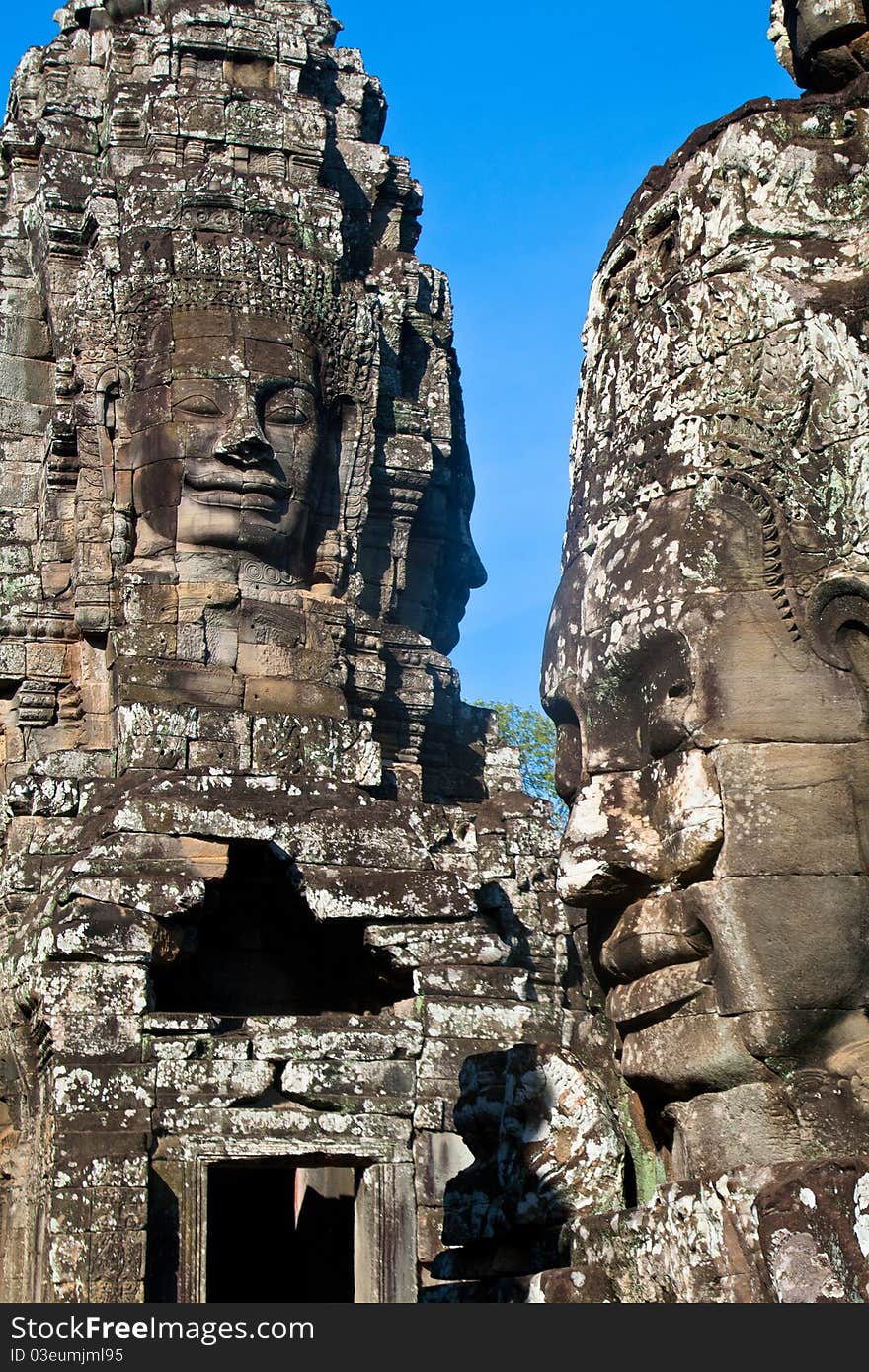 Smiling faces in wat Bayon in Angkor wat complex, Sieam Reap, Cambodia.