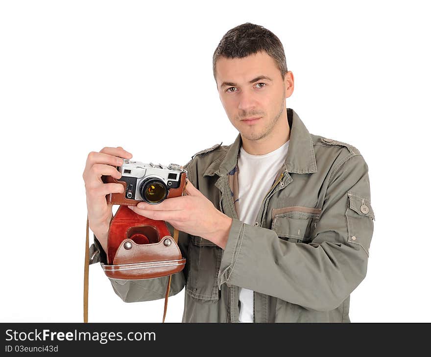 Young professional photographer with old retro film camera. isolated on white background. Young professional photographer with old retro film camera. isolated on white background