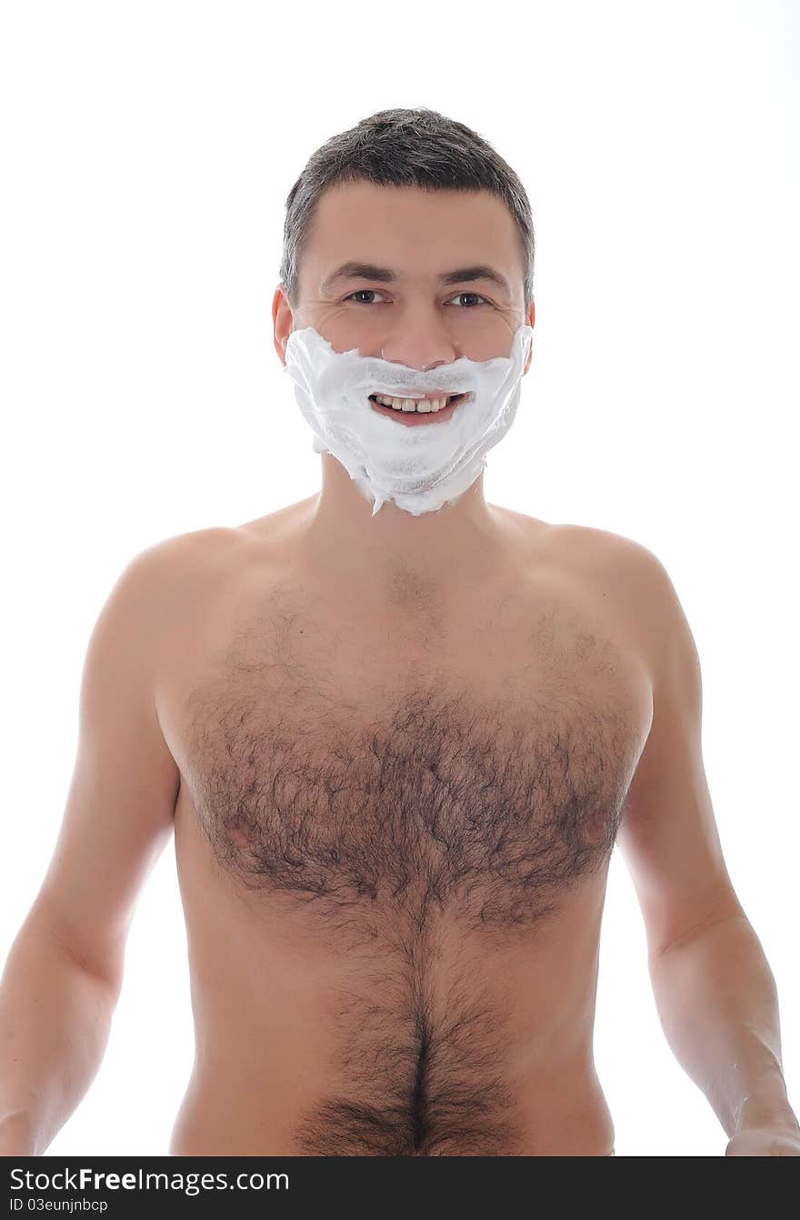 Young Handsome Male Shaving Face Beard . Isolated