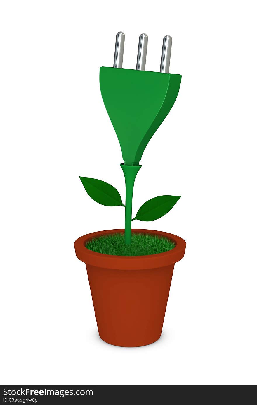 One 3d render of a flower pot and a flower made with an electrical plug. One 3d render of a flower pot and a flower made with an electrical plug