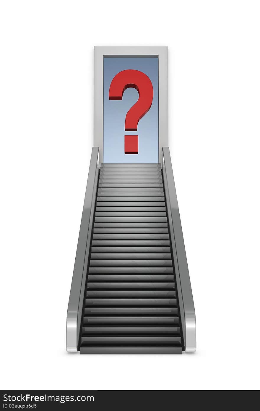 One 3d render of a staircase with a opened door on top and a question mark in front of it. One 3d render of a staircase with a opened door on top and a question mark in front of it