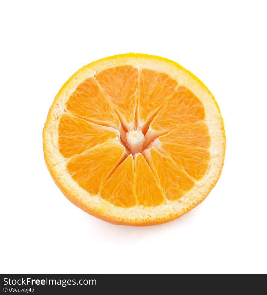 Half of a ripe orange on a white background