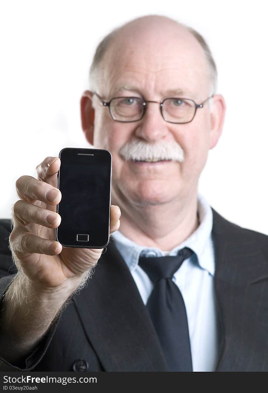 Businessman with his cellphone isolated on white