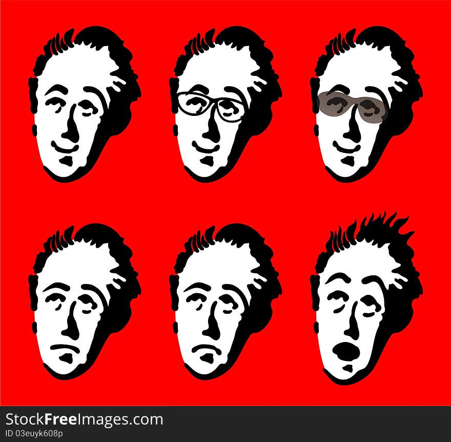 Black and white mans faces over red background