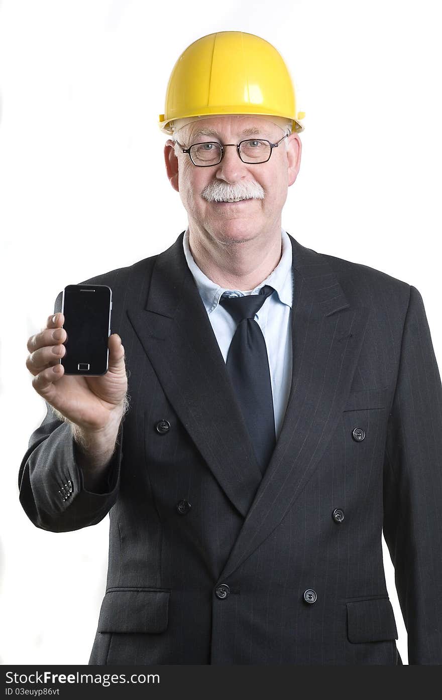 Contractor with his phone isolated on white. Contractor with his phone isolated on white