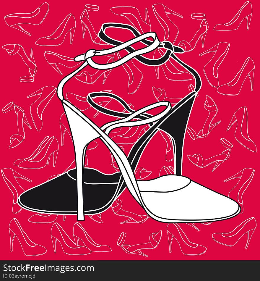 A pair of women's sandals with high heels on a red background. A pair of women's sandals with high heels on a red background