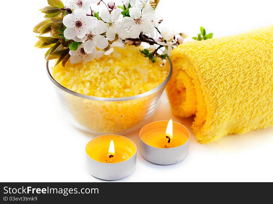 Sea salt, spring flowers and yellow flowers isolated on white background. Sea salt, spring flowers and yellow flowers isolated on white background