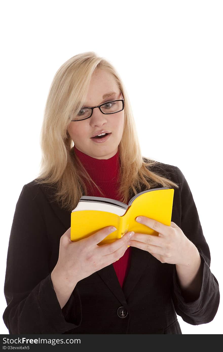 Woman with book surprised reading