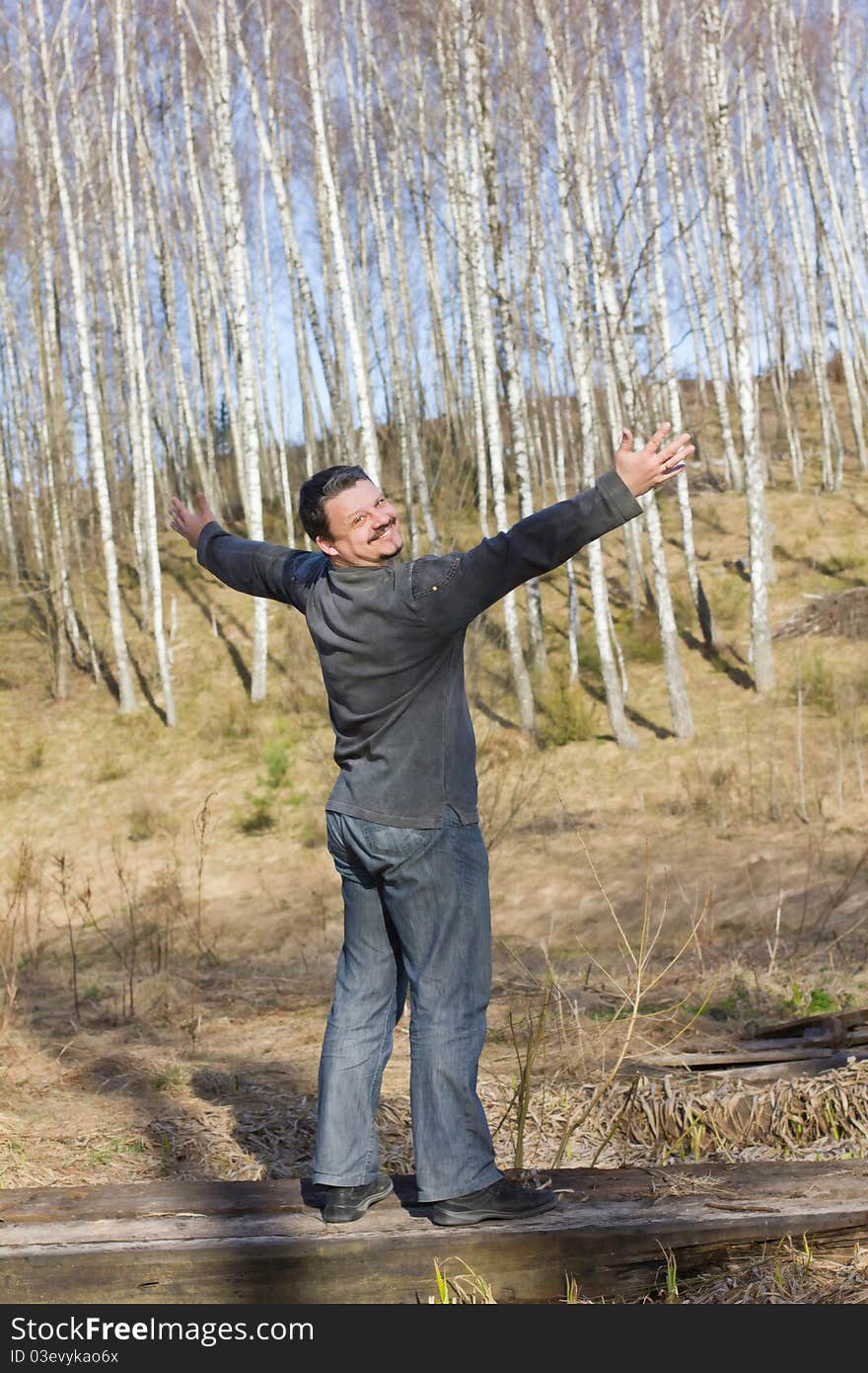 Man In Spring Birch Grove