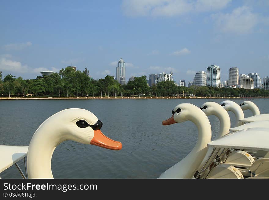 Pedal boats floating in the lak