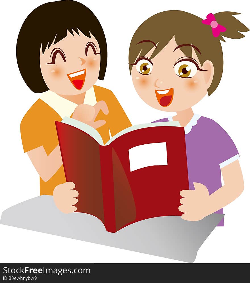 Illustration of Girls reading together very happy. Illustration of Girls reading together very happy