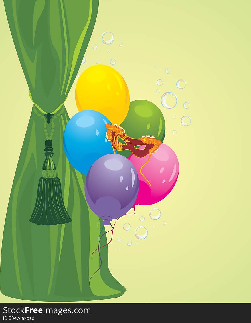 Green curtain and masquerade mask with balloons. Illustration