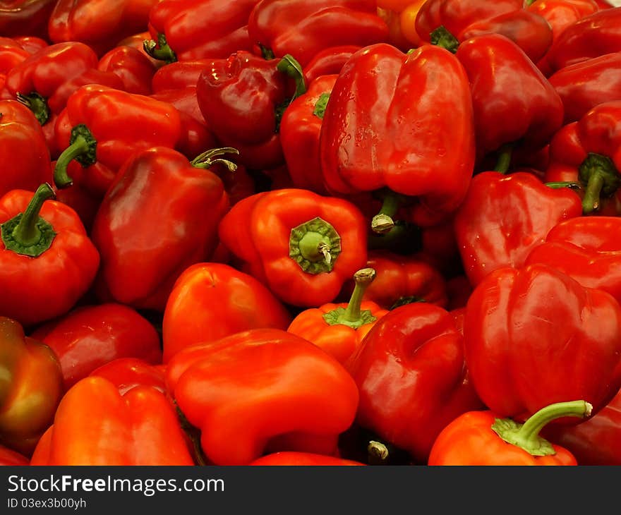 Fresh Red Peppers On The Market