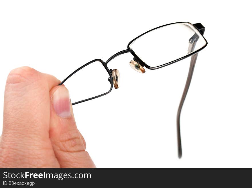 An evil man broke his glasses isolated on a white background