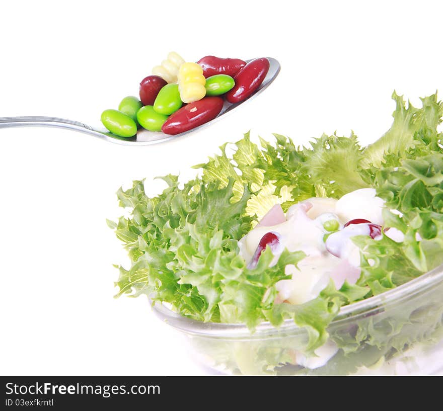 Freshness lettuce bean and corn salad isolated on white