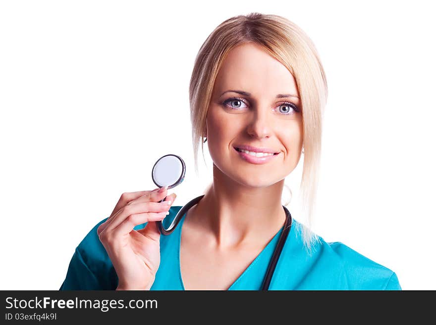 Smiling doctor with stethoscope. Isolated over white background