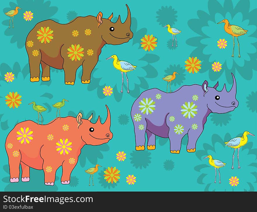 Happy cartoon rhinos and birds over floral background