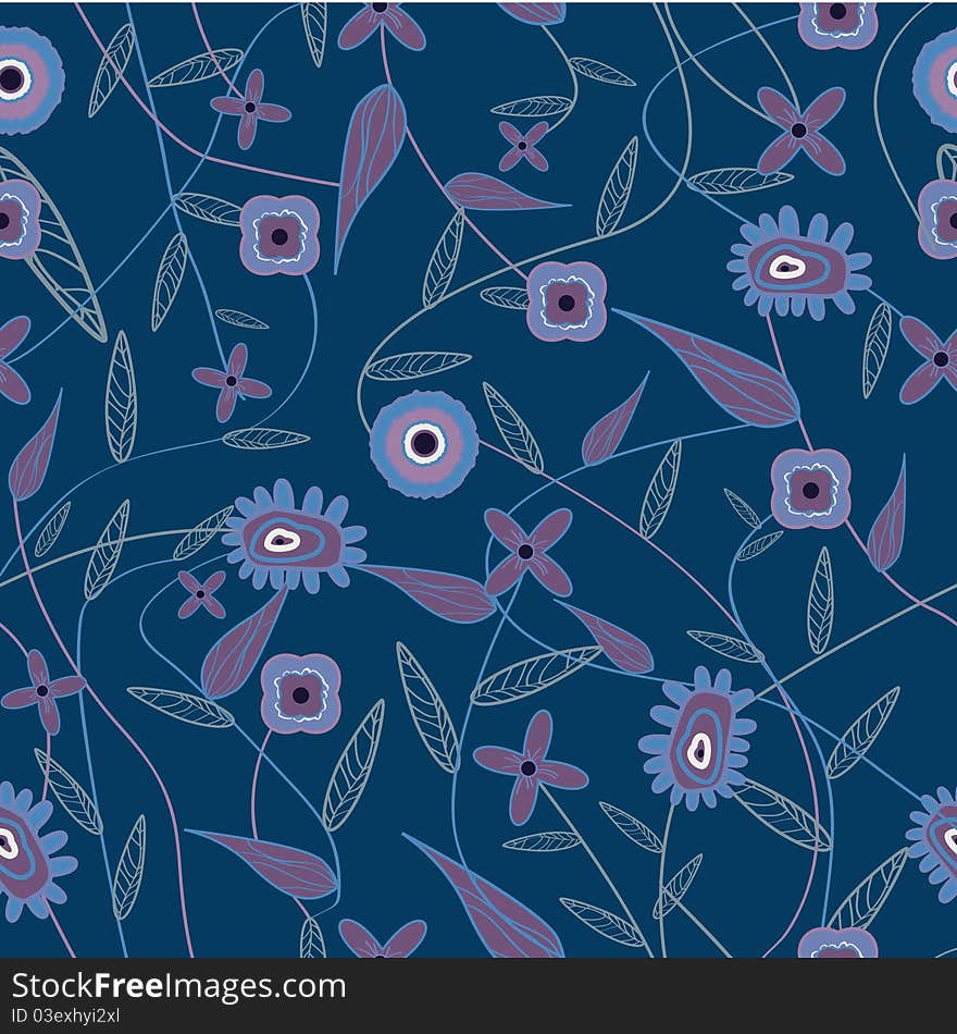 Dark blue  seamless texture with flowers