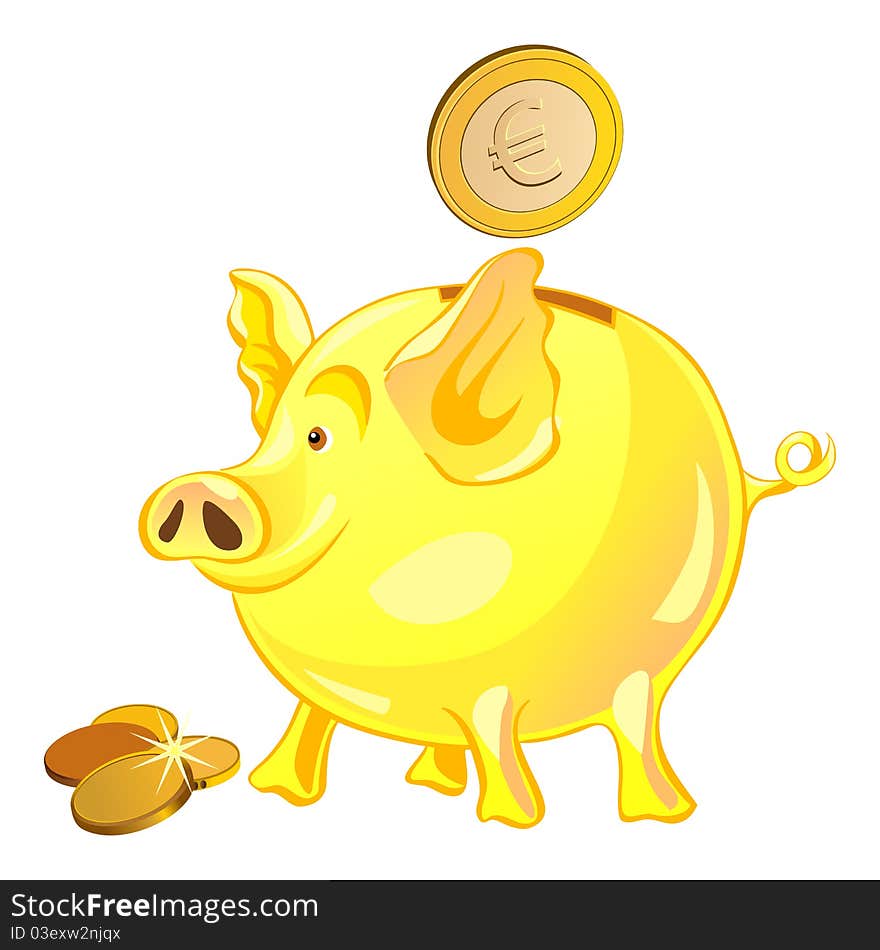 Pig-piggy bank with gold coins isolated on a white background. Pig-piggy bank with gold coins isolated on a white background