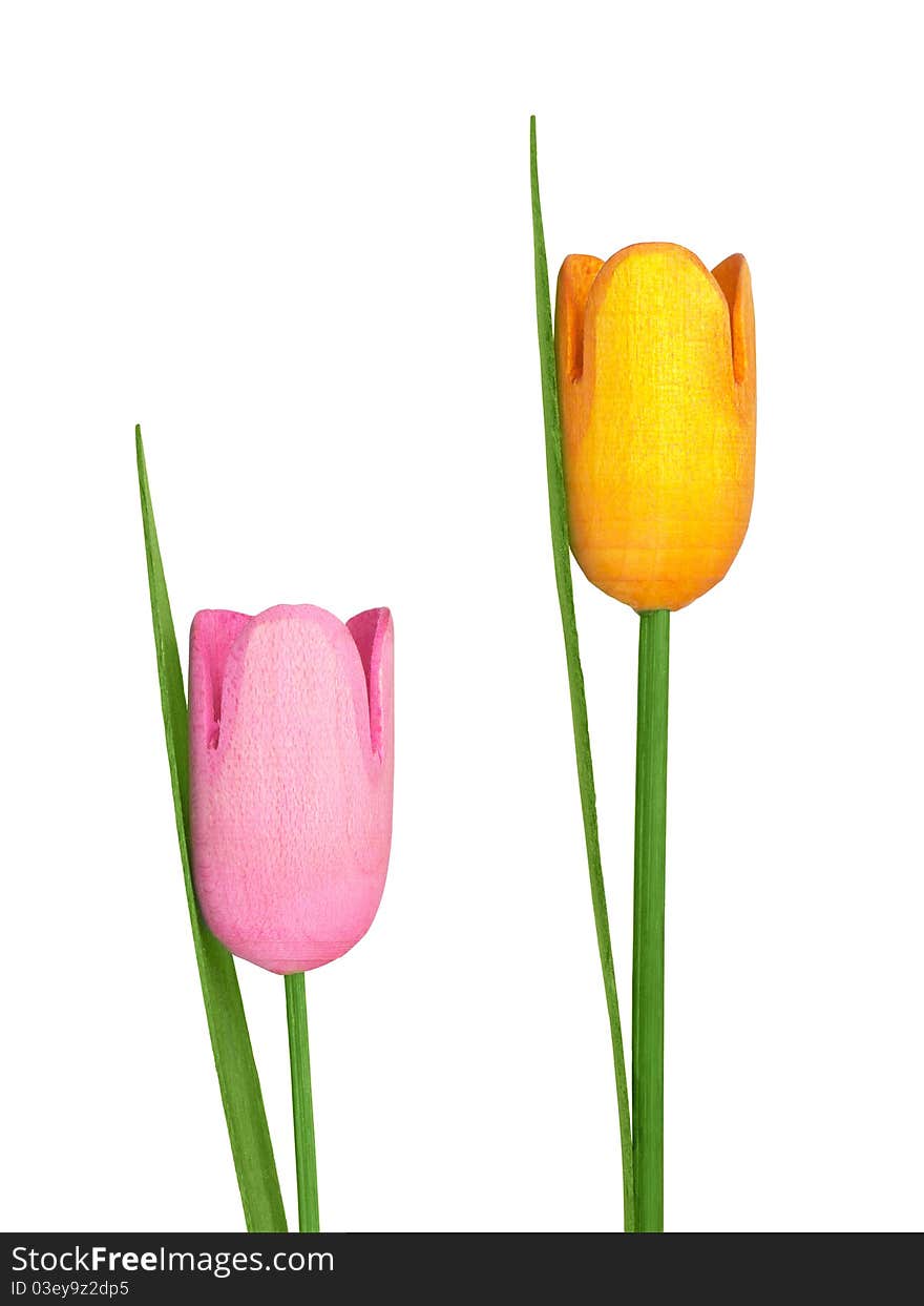 Two wooden flowers - tulips on white background. Two wooden flowers - tulips on white background.