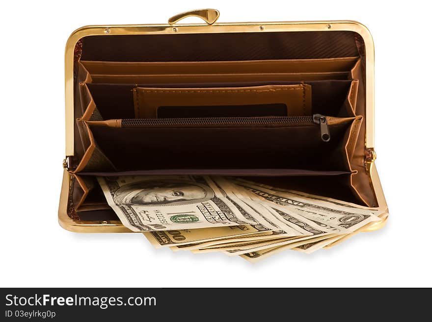 Women's Open wallet with banknotes. Isolated on a white background.