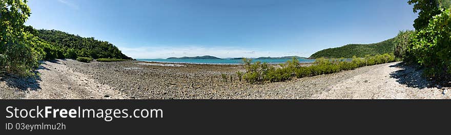 Panoramic view of Swampbays coralbeach in Queensland, Australia. Panoramic view of Swampbays coralbeach in Queensland, Australia