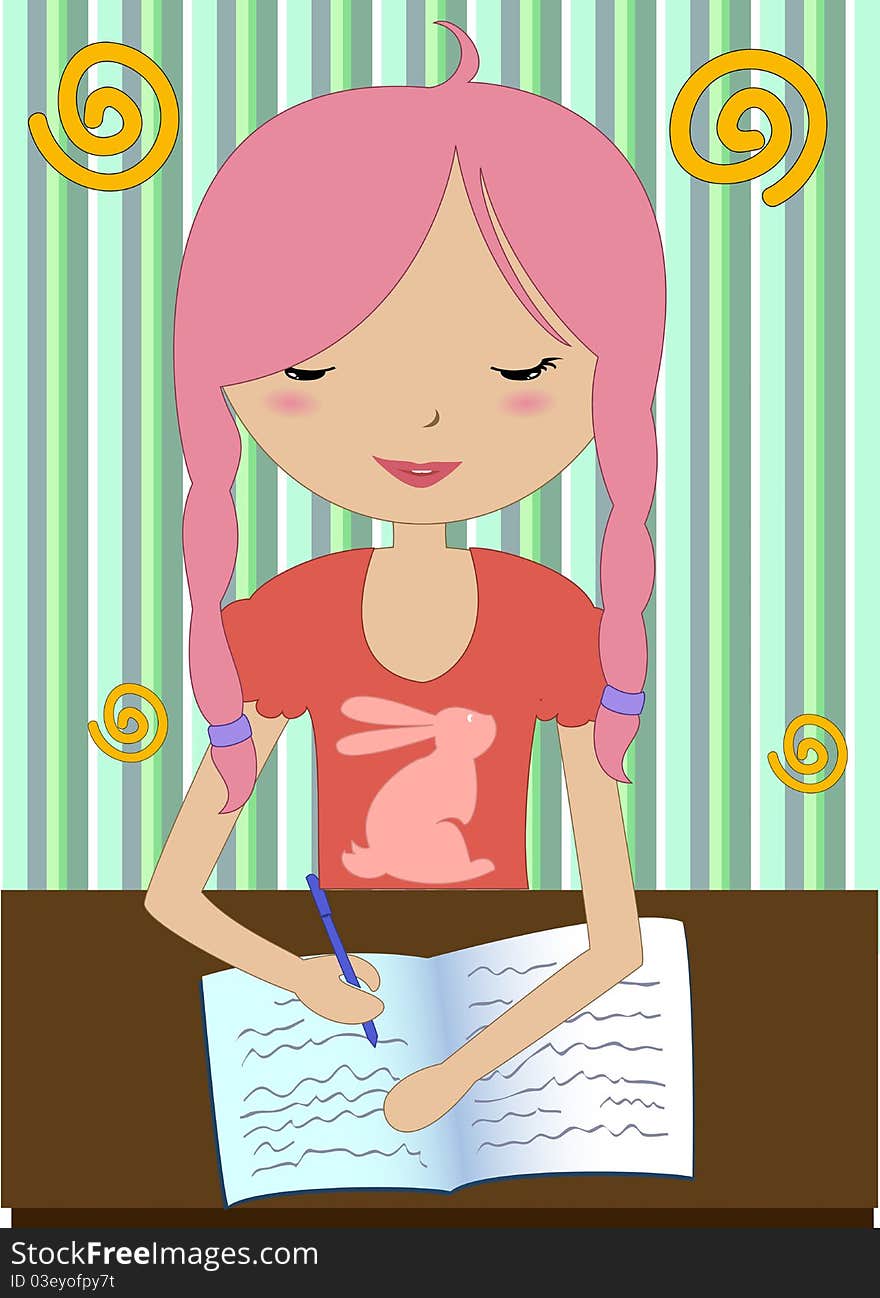 Vector Illustration of little girl sitting at a desk and writing