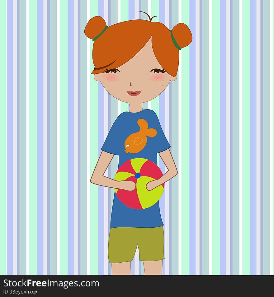 Vector Illustration of the little girl playing outdoorswith the ball.