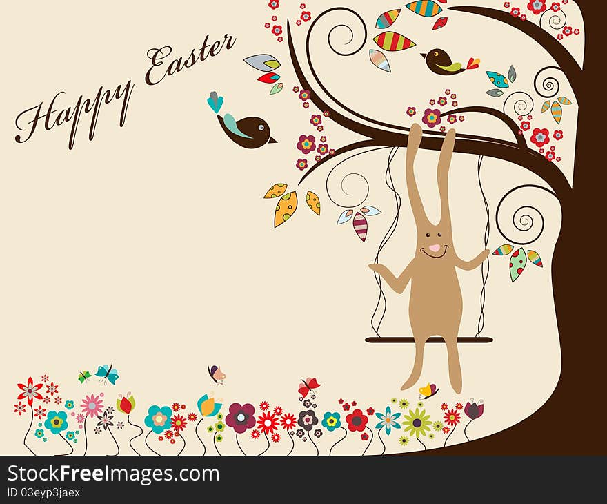 Vector Easter greeting card with rabbit on swings