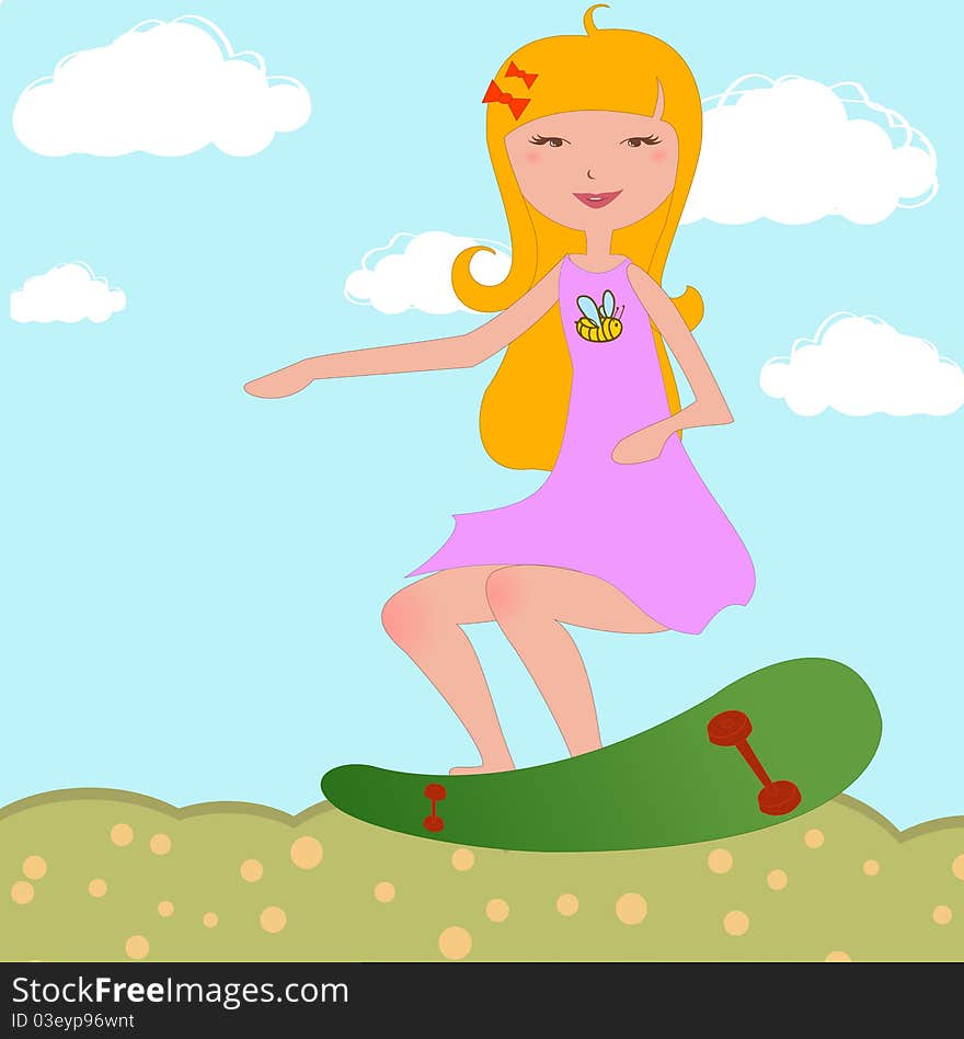 Vector Illustration of funky Young girl riding skateboard