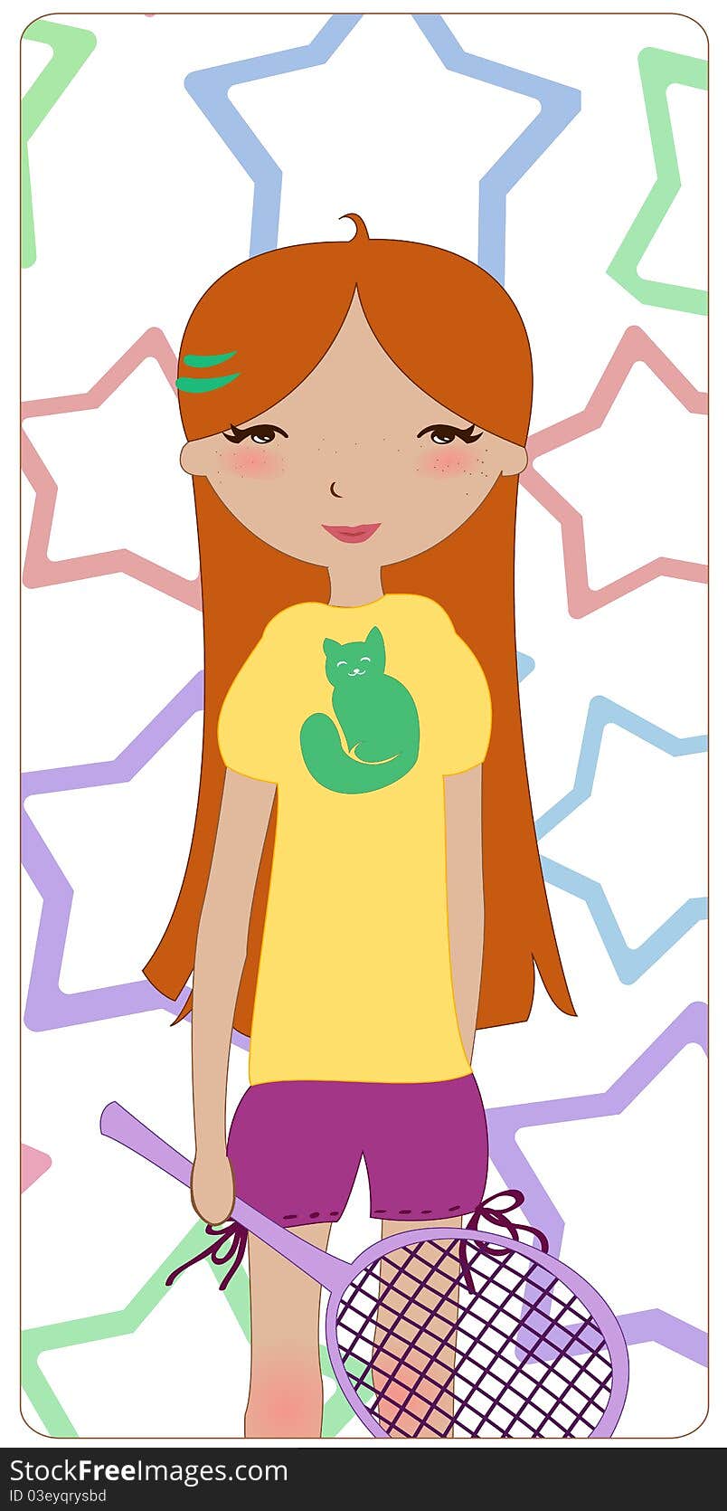 Vector Illustration of the little girl playing badminton on the funky star background. Vector Illustration of the little girl playing badminton on the funky star background