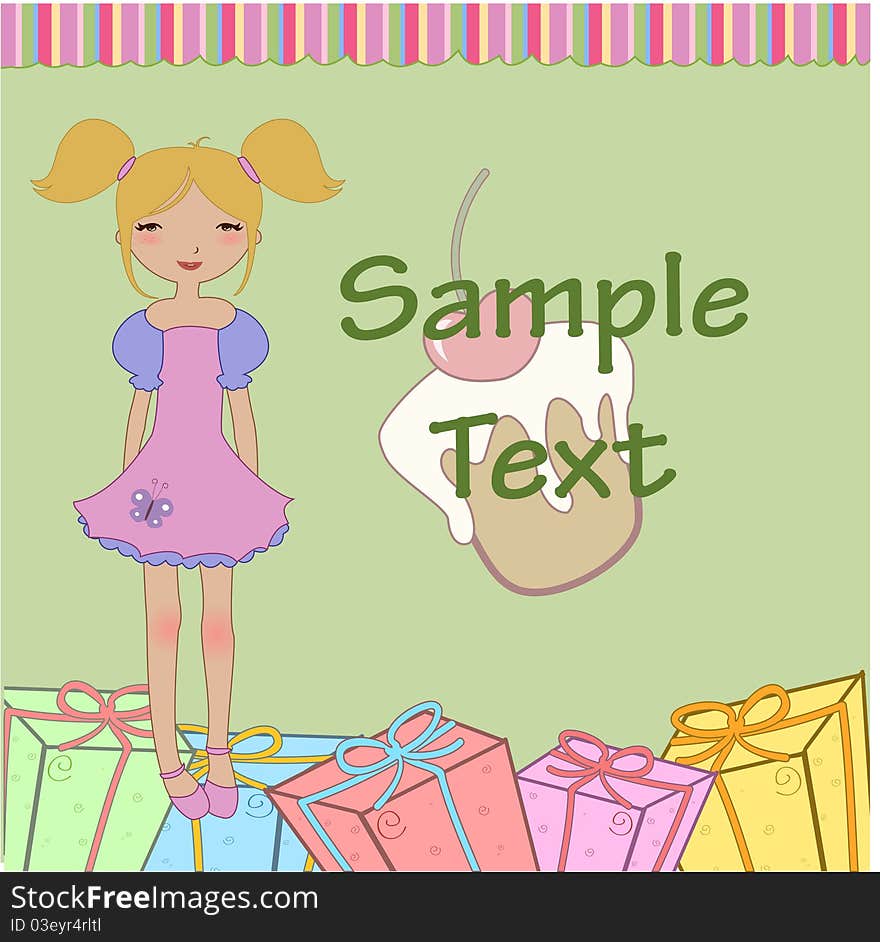 Vector Illustration of funny little girl with present boxes and sweet cake.