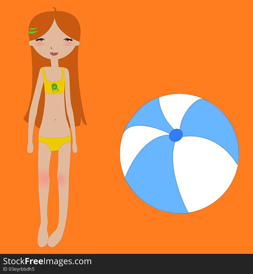 Vector Illustration of funny summer background with the little girl and the ball.