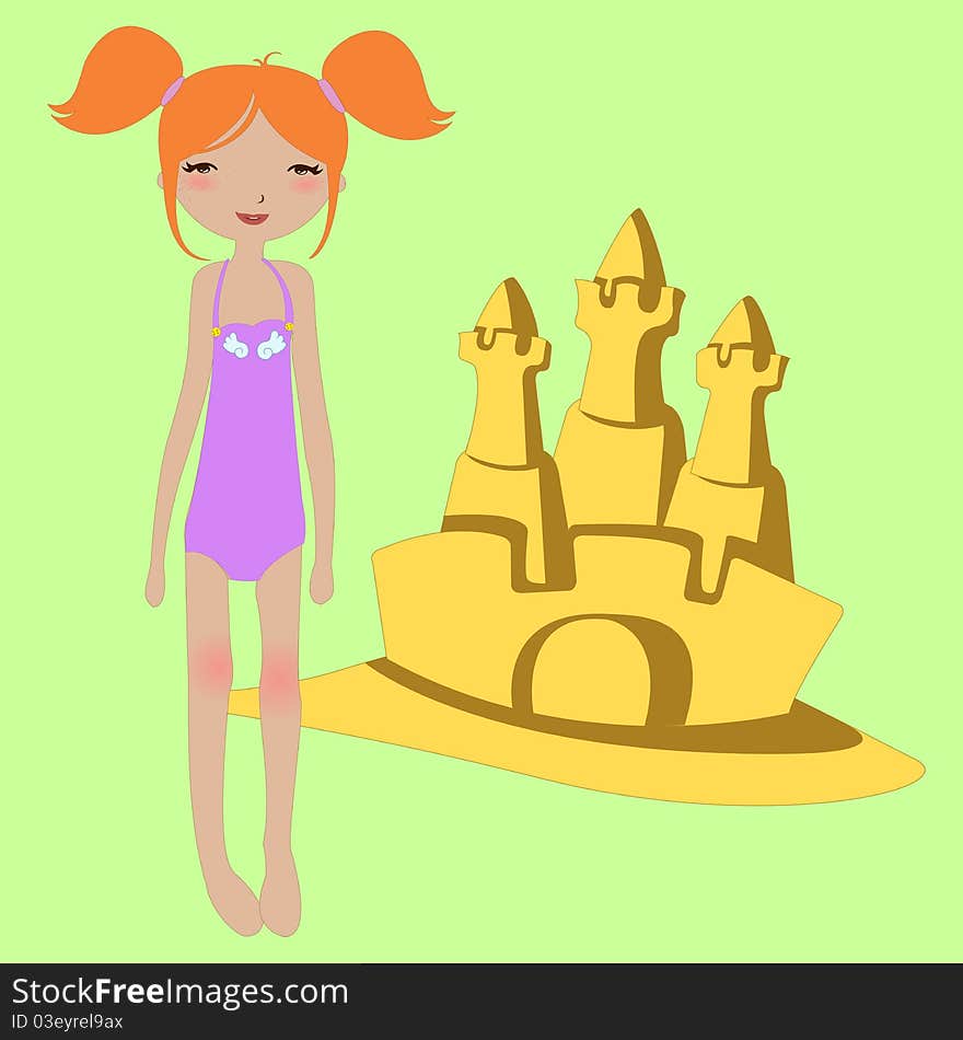 Vector Illustration of funny summer background with the little girl and the sandcastle.