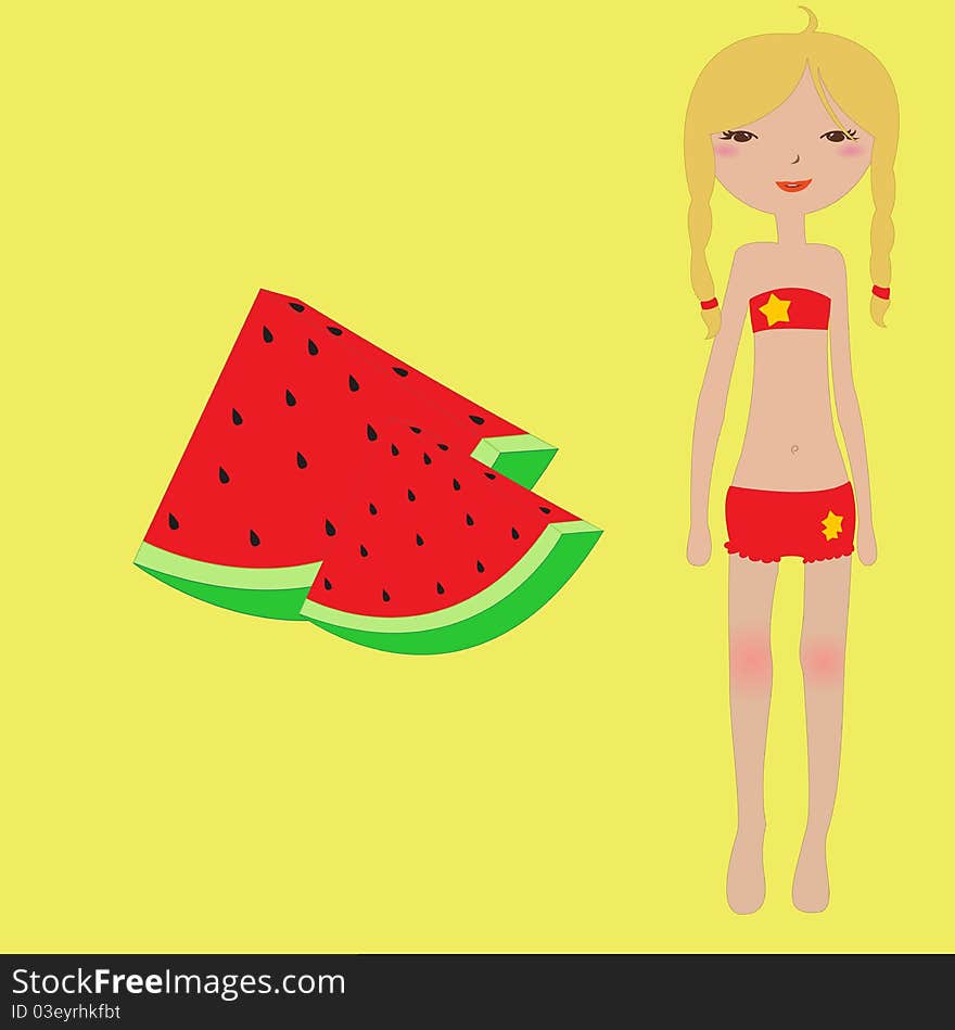 Vector Illustration of funny summer background  with the little girl and water melon.