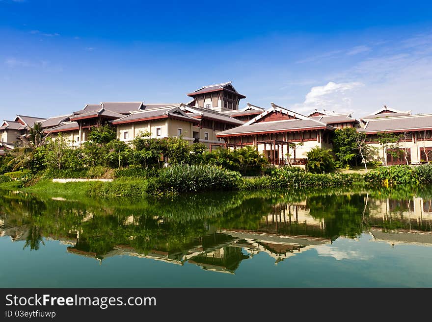 Luxury hotel by the riverside, Sanya, Hainan Island, South east China.