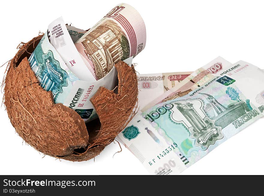 Isolated hatched from coconut or hundreds of thousands ruble banknotes. Isolated hatched from coconut or hundreds of thousands ruble banknotes