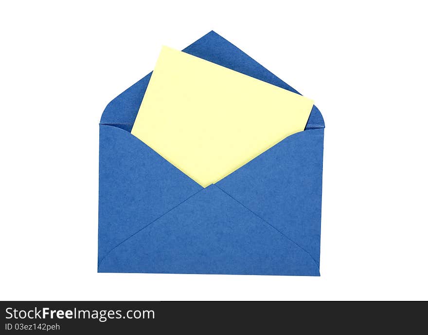 Blank yellow paper inside open blue paper envelope. Isolated on white with clipping path. Blank yellow paper inside open blue paper envelope. Isolated on white with clipping path