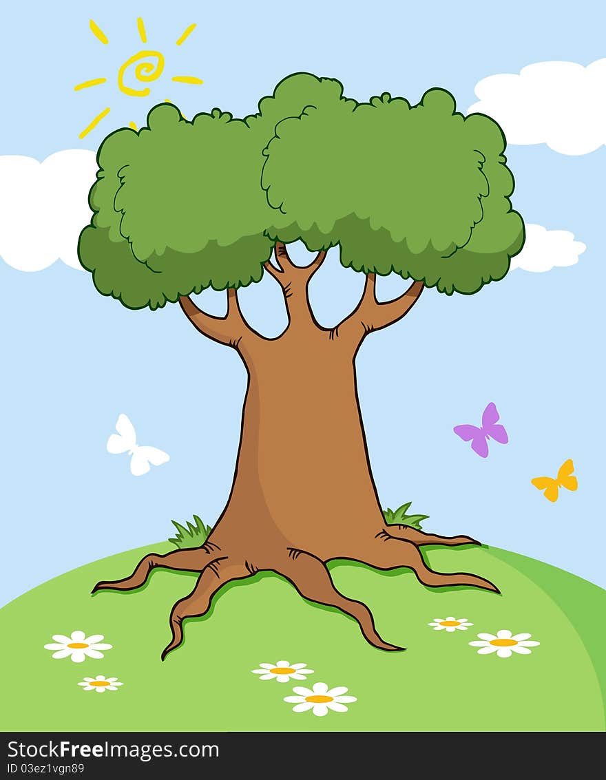 Cartoon landscape with tree and butterfly